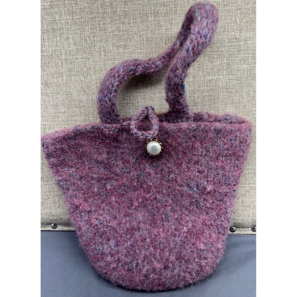 Handmade Felted Wool Bag muted fuschia color with Small loop and Pearl closure